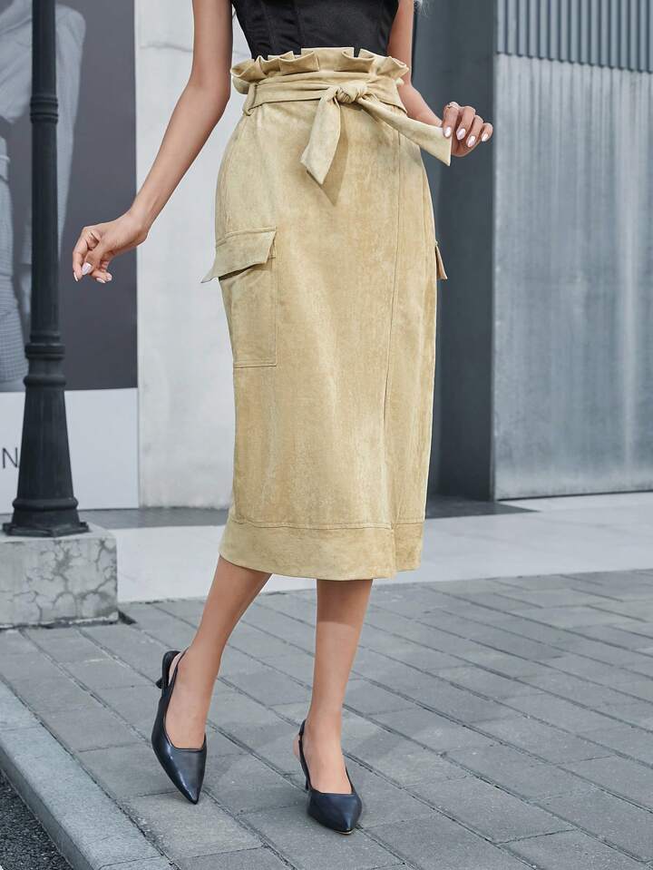 CM-BS965166 Women Trendy Bohemian Style Paper Bag Waist Flap Pocket Skirt - Apricot