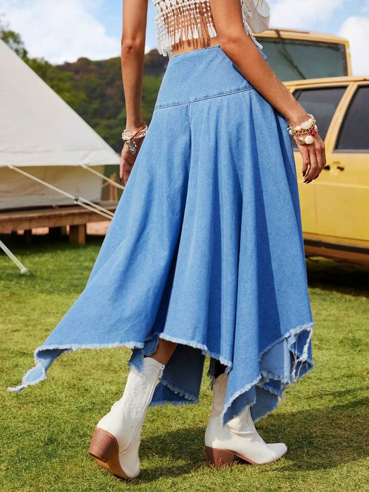 CM-BS175913 Women Casual Seoul Style High Slit Fringe Asymmetrical Hem Denim Midi Skirt - Blue