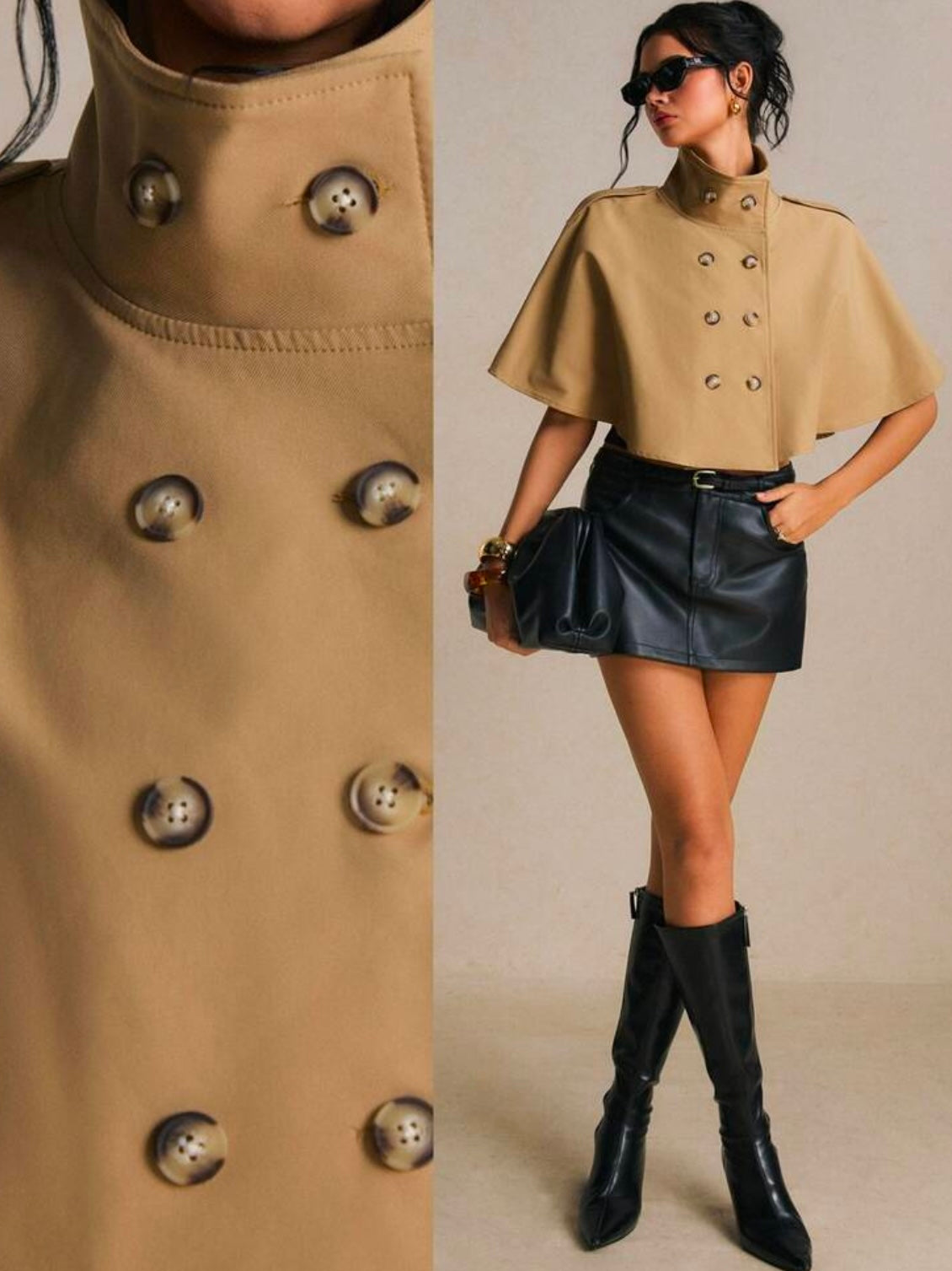 CM-CS799344 Women Elegant Seoul Style Short Sleeve Cropped Double Breasted Cape Trench Coat - Brown
