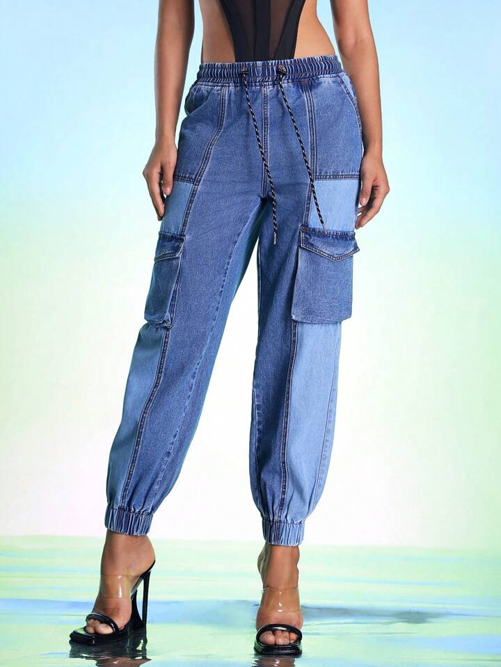 CM-BS242252 Women Casual Seoul Style Medium Wash Two-Tones Drawstring Waist Jeans