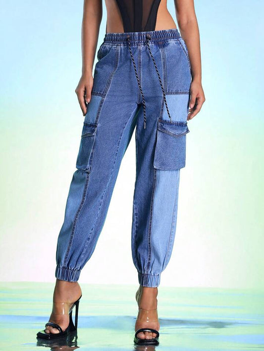 CM-BS242252 Women Casual Seoul Style Medium Wash Two-Tones Drawstring Waist Jeans