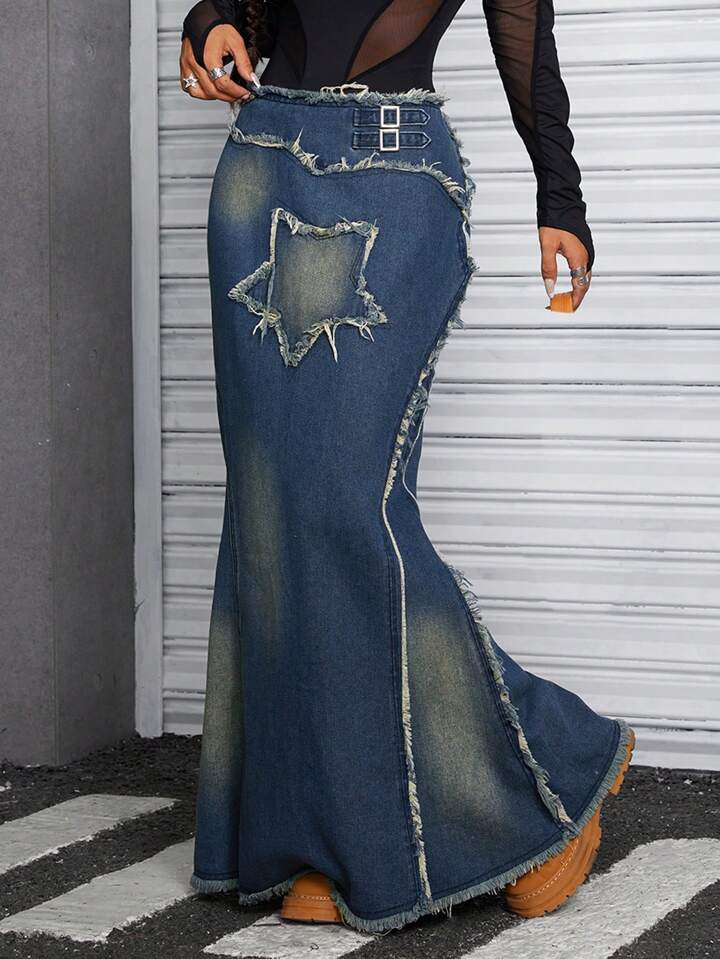 CM-BS734918 Women Casual Seoul Style Medium Wash Drop Waist Frayed Hem Denim Mermaid Skirt