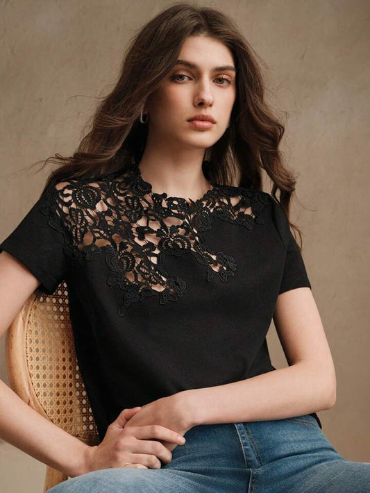 CM-TS707733 Women Casual Seoul Style Lace Crochet Patchwork Hollow Out Short Sleeve Blouse - Black
