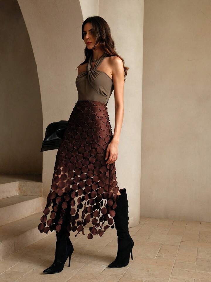 CM-BS476127 Women Trendy Bohemian Style Laser Cut Multi Circle Double Layered Maxi Skirt - Brown