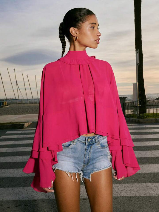 CM-TS583554 Women Trendy Bohemian Style Stand Collar Loose Fit Ruffle Trim Long Sleeve Shirt - Hot Pink