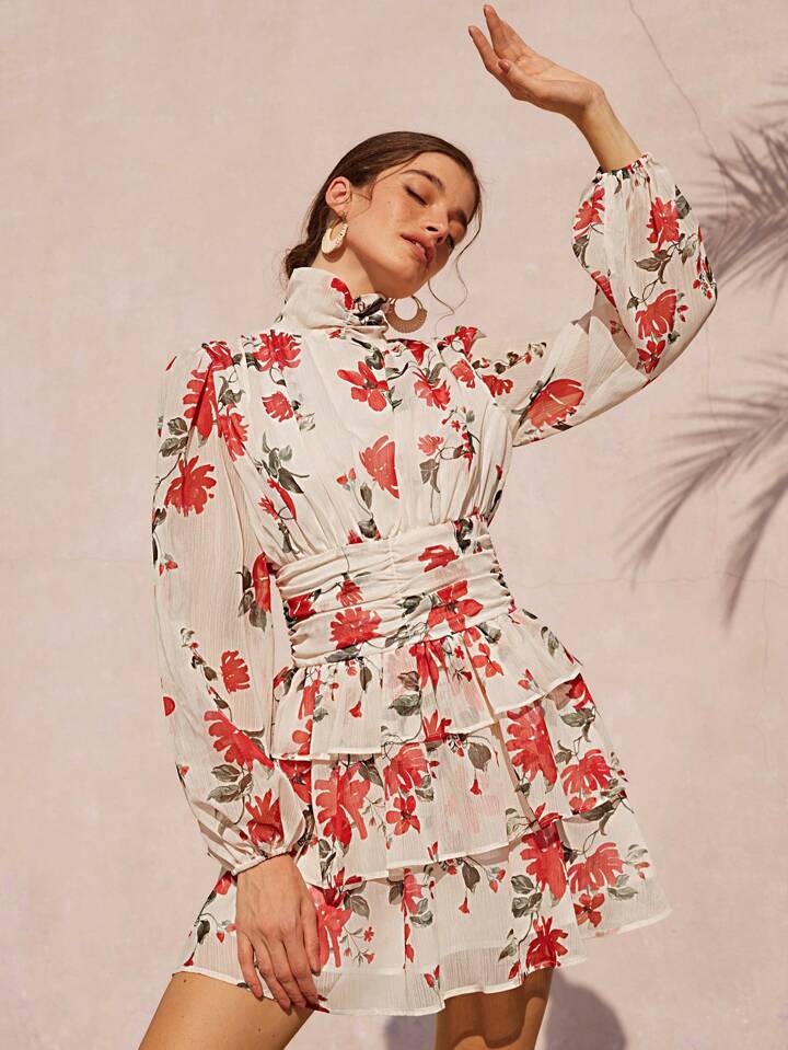 CM-DS030559 Women Casual Seoul Style Round Neck Puff Sleeve Colorblock Floral Print Layered Mini Dress