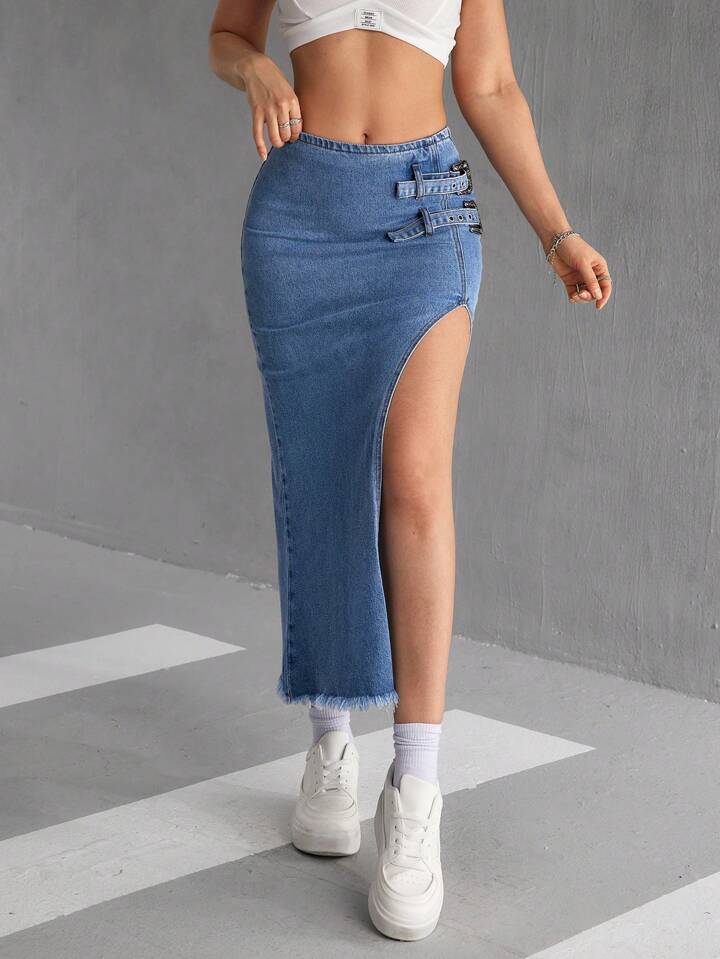 CM-BS748262 Women Casual Seoul Style Side Eyelet Buckle Slit Hem Long Denim Skirt