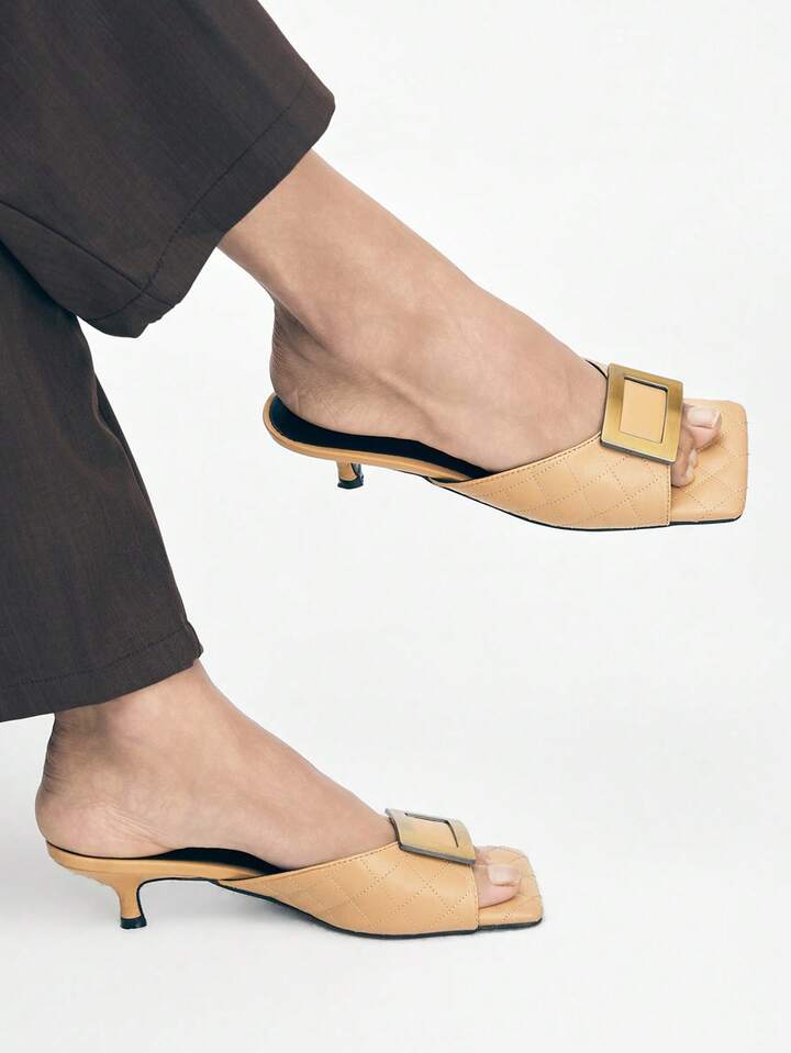CM-SHS064130 Women Trendy Seoul Style Colorblock Square Toe High Heel Sandals - Khaki