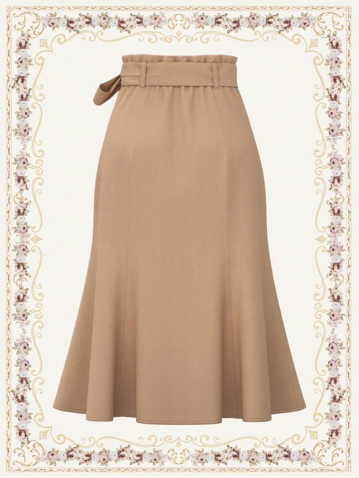 CM-BS221728 Women Casual Seoul Style Double-Breasted Bow Waist Belt Mermaid Skirt - Khaki