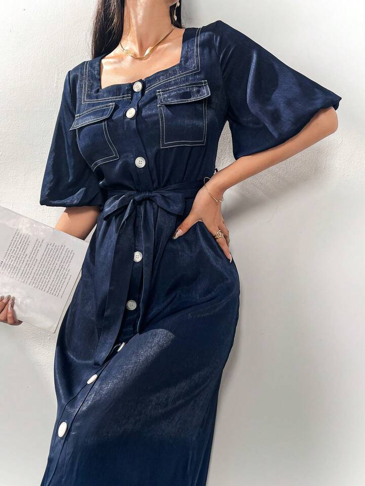 CM-DS778490 Women Elegant Seoul Style Square Neck Front Button Tie-Waist Short Sleeve Dress - Blue