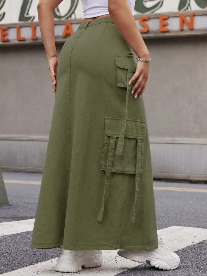 CM-BS051288 Women Casual Seoul Style Front Button Pocket Slit Denim A-Line Skirt - Army Green