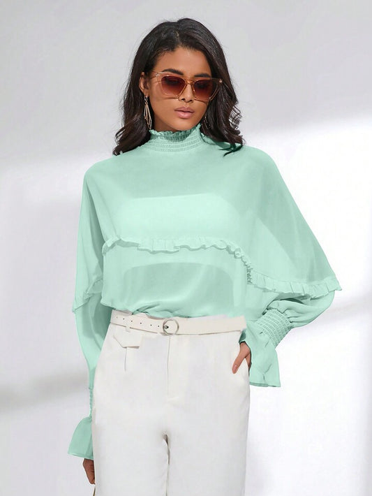 CM-TS424014 Women Trendy Bohemian Style Shirred Neck Batwing Sleeve Sheer Blouse - Green