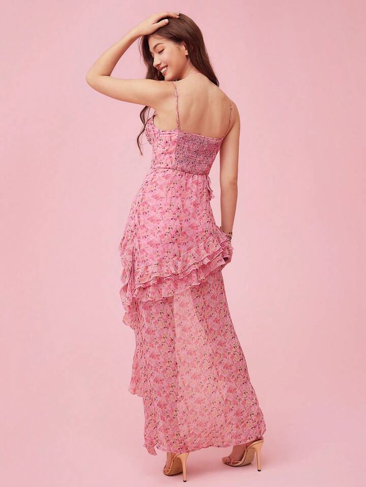 CM-DS862654 Women Elegant Seoul Style Floral Print Ruffle Hem High Slit Spaghetti Strap Maxi Dress - Pink