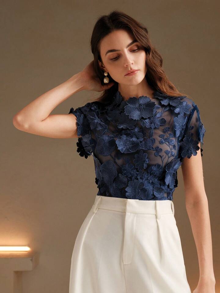 CM-TS154467 Women Elegant Seoul Style Round Neck Flounce Sleeve Embroidery Floral Applique Blouse - Navy Blue