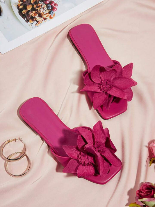 CM-SHS983118 Women Trendy Seoul Style Floral Decor Square Toe Flat Sandals - Hot Pink