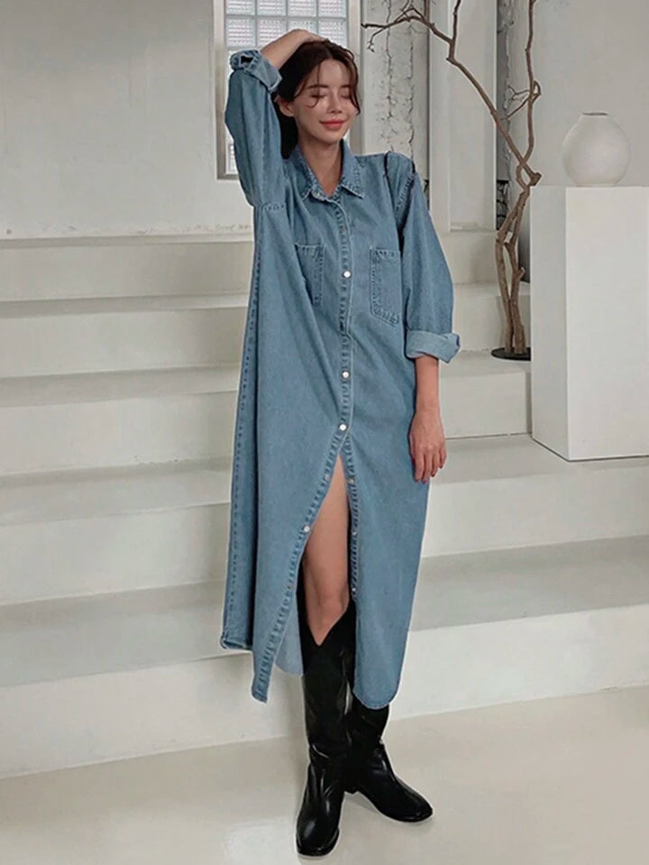 CM-DS093431 Women Casual Seoul Style Front Button Closure Dropped Shoulder Loose Denim Dress - Blue