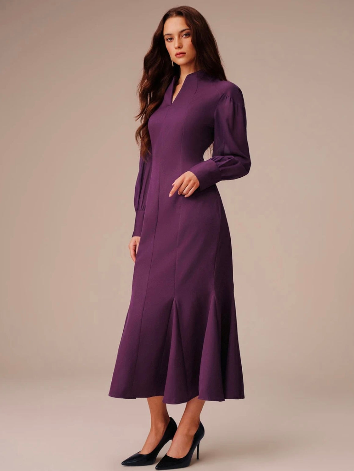 CM-DS873232 Women Elegant Seoul Style Chiffon V-Notch Stand Collar Sheer Puff Sleeves Mermaid Hem Long Dress