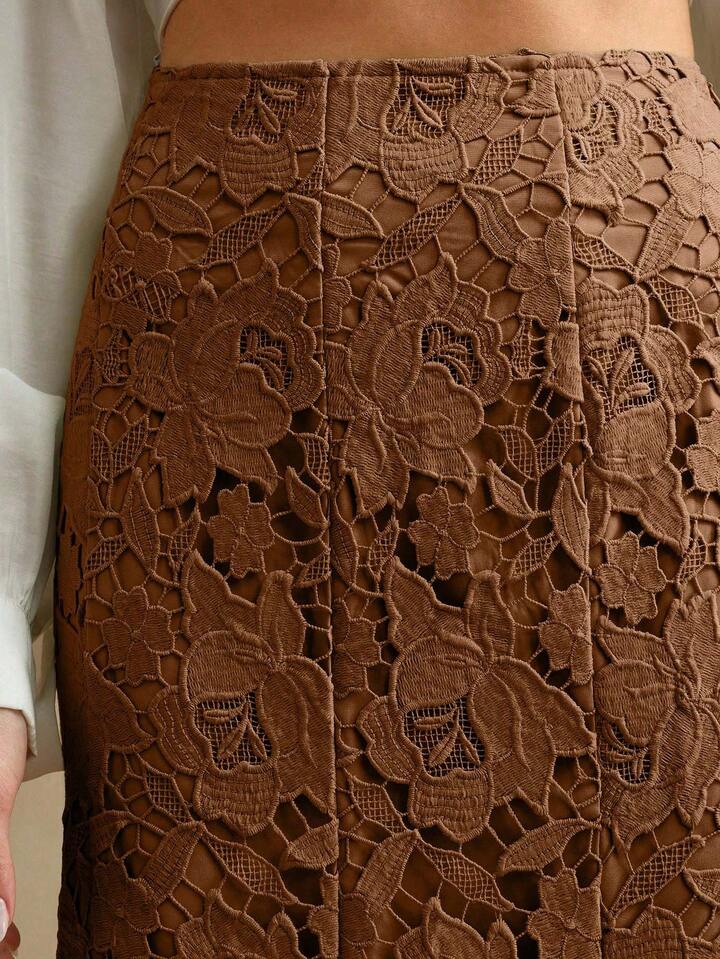 CM-BS325808 Women Elegant Seoul Style Mid Waist Patchwork Design Lace Hollow-Out Midi Skirt - Coffee Brown
