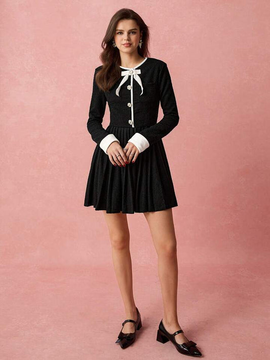 CM-DS901020 Women Elegant Seoul Style Bow Decor Round Neck Long Sleeve Pleated Hem Mini Dress - Black