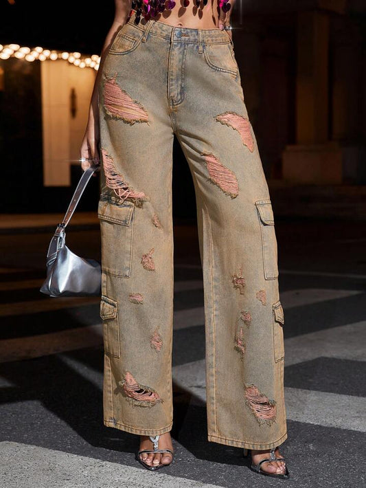CM-BS164419 Women Casual Seoul Style Zipper-Fly Distressed Wide-Leg Jeans