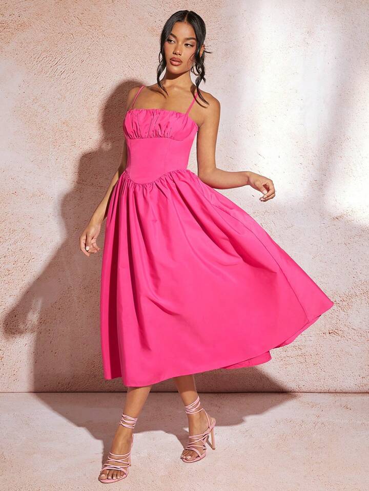 Pink Tight And Flowy Dress Elvira Pink Satin Formal Maxi Dress
