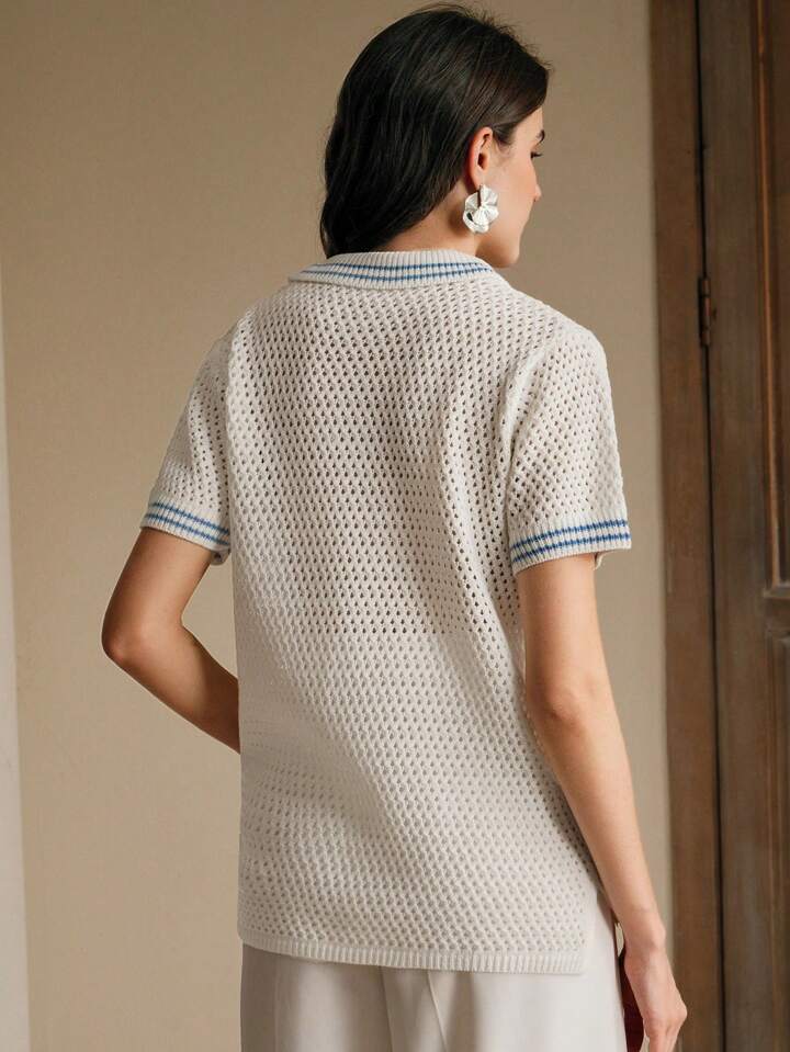CM-TS954610 Women Casual Seoul Style Starfish Embroidery Seashell Polo Neckline Short Sleeve Knit Top