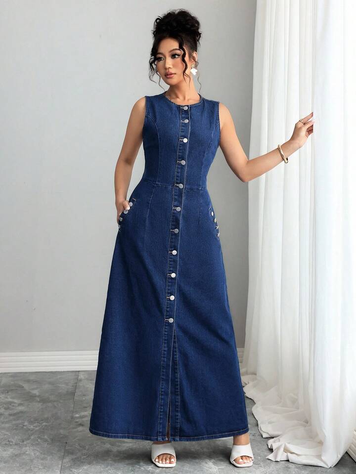 CM-DS817222 Women Elegant Seoul Style Minimalist Round Neck Sleeveless Button-Down Denim Dress - Blue