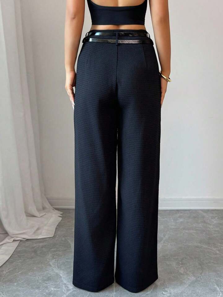 CM-BS675519 Women Elegant Seoul Style Solid Color Mid Waist Waffle Belt Loop Straight Leg Pants - Black