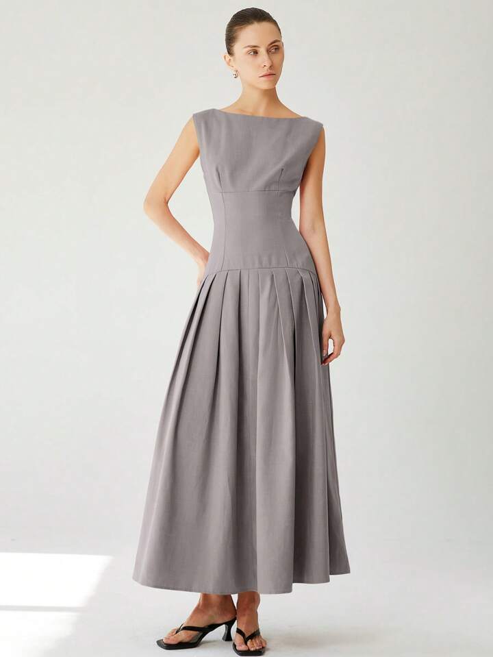 CM-DS887721 Women Elegant Seoul Style Sleeveless Cinched Waist Low Waist Pleated Ruffle Hem Long Dress - Gray