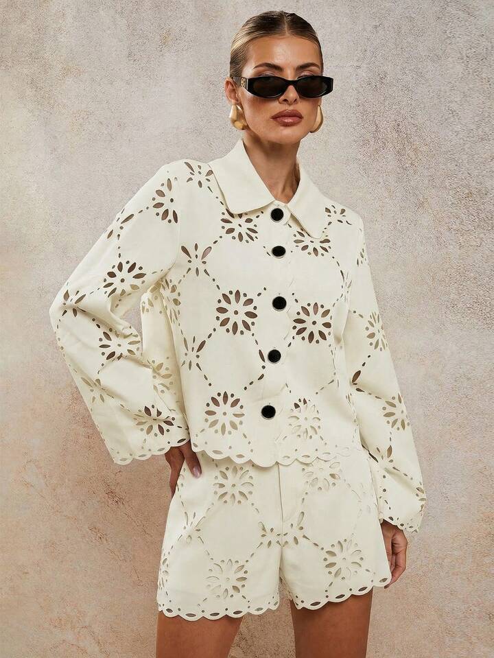 CM-SS089796 Women Elegant Seoul Style Laser Cut Long Sleeve Single-Breasted Blouse With Loose Shorts - Set