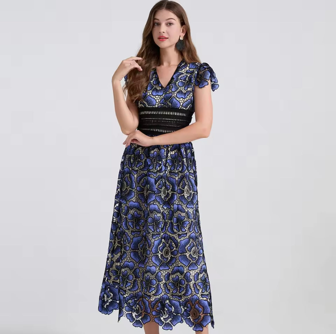 CM-DY042199 Women Elegant European Style Lace V-Neck Boat Sleeve Slim High Waist A-Line Dress (Available in 2 colors)