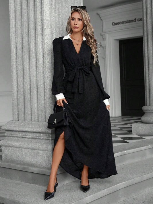 CM-DS489444 Women Elegant Seoul Style Color Block Waist Flattering Long Sleeve Dress