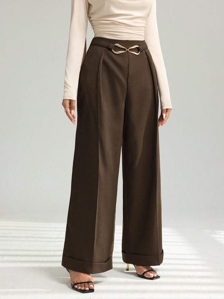 CM-BS934660 Women Casual Seoul Style Metal Buckle Waistband Rolled Hem Wide Leg Pants - Coffee Brown