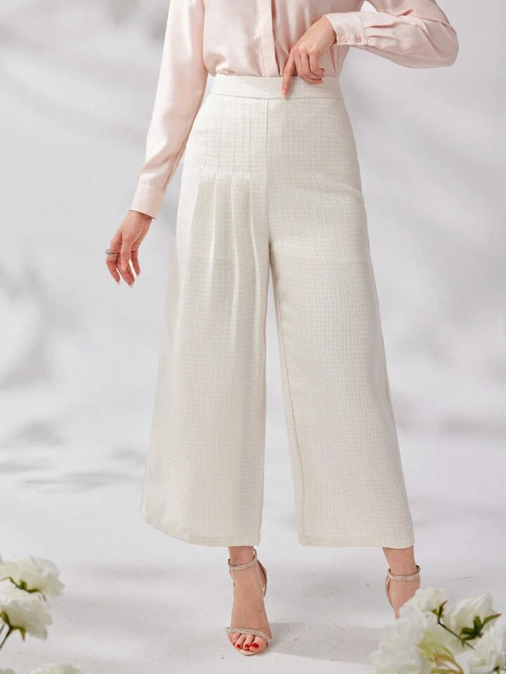 CM-BS679778 Women Elegant Seoul Style Solid Color High Waist Wide Leg Trousers - Apricot