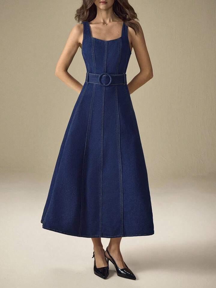CM-DS438008 Women Elegant Seoul Style Straps Neckline Sleeveless High Waist Denim Dress - Blue