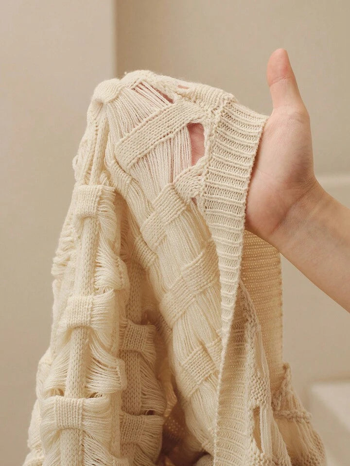 CM-CS012624 Women Elegant Seoul Style Faux Pearl Decor Hollow V-Neck Loose Long Sleeve Sweater - Apricot