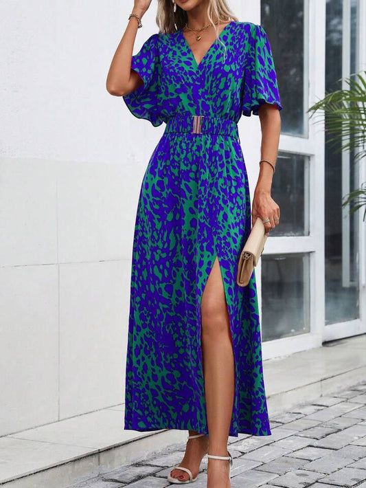 CM-DS183693 Women Trendy Bohemian Style All-Over Print Overlapping V-Neck Ruffle Short Sleeves Dress