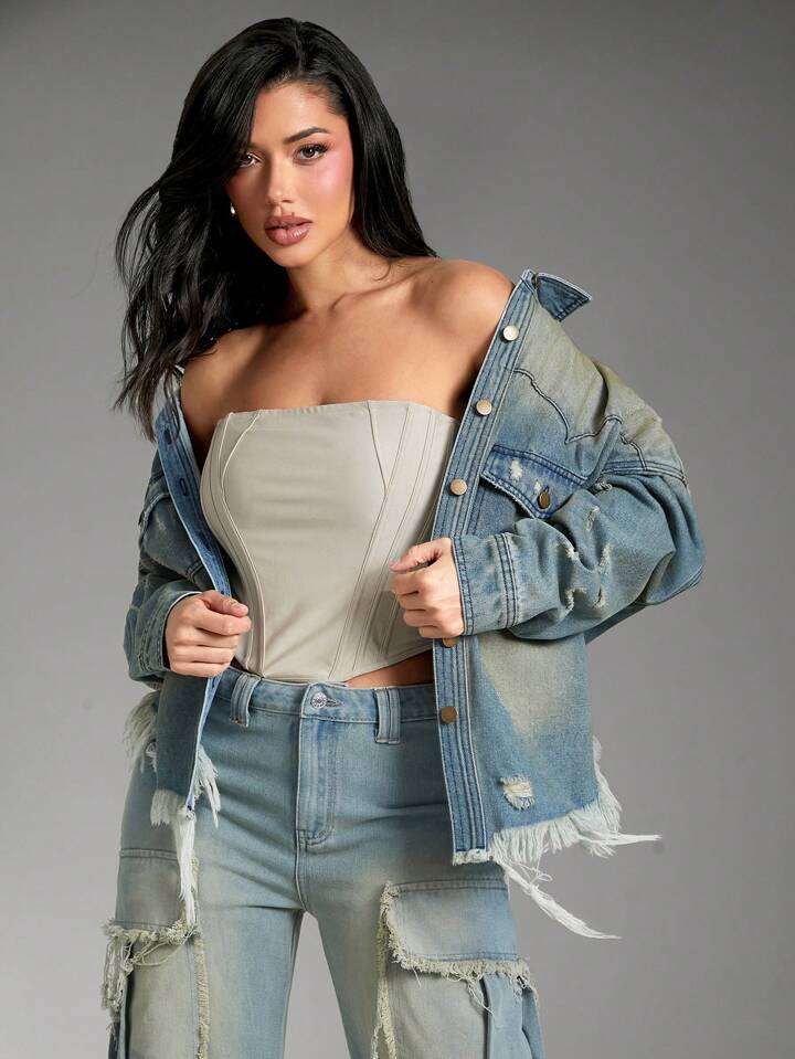 CM-CS982285 Women Casual Seoul Style Medium Wash Collar Neckline Long Sleeve Tinted Ripped Denim Jacket