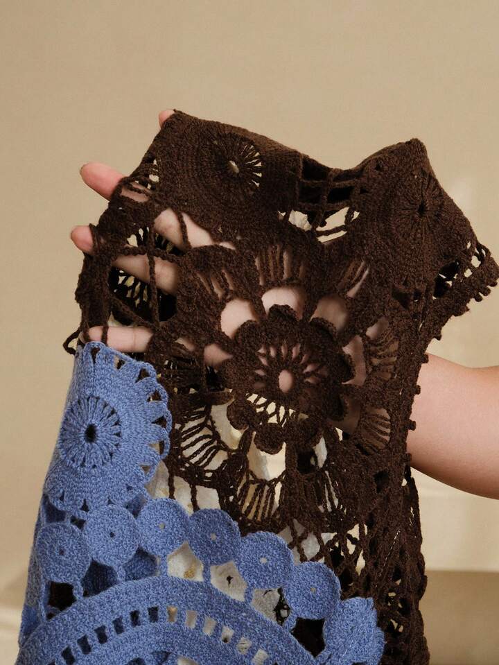 CM-TS511096 Women Trendy Bohemian Style Three-Color Floral Hand-Crossed Asymmetrical Hollow-Out Top