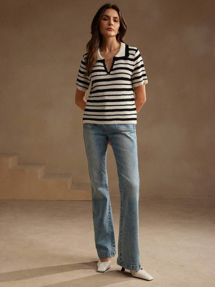 CM-TS743961 Womne Casual Seoul Style Colorblock Striped Collar Neckline Short Sleeve Knit Top