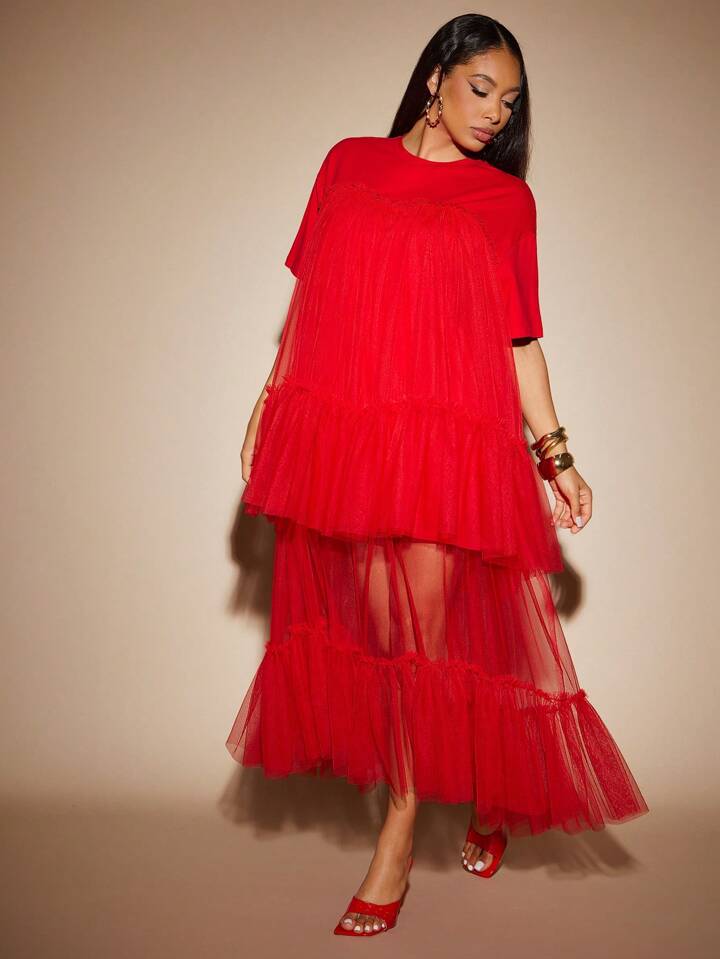 CM-DS209036 Women Elegant Seoul Style Round Neck Short Sleeve Contrast Mesh Tulle Tiered Maxi Dress - Red
