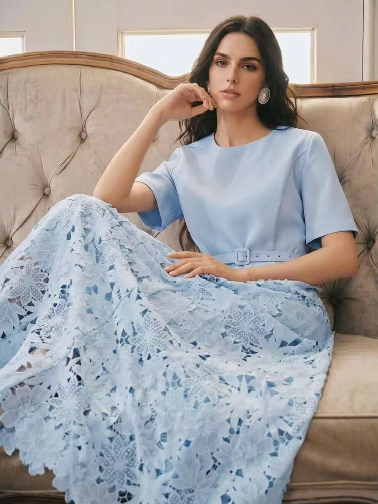 CM-DS750591 Women Elegant Seoul Style Round Neck Short Sleeve Water-Soluble Lace Patchwork A-Line Dress - Blue