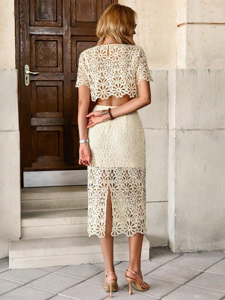 CM-SS047341 Women Trendy Bohemian Style Hollow Out Lace Round Neck Short Sleeve Crop Top With Midi Skirt - Set