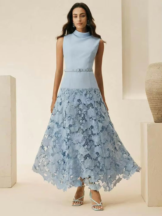 CM-DS725725 Women Elegant Seoul Style Stand Collar Sleeveless 3D Floral Design A-Line Long Dress - Blue
