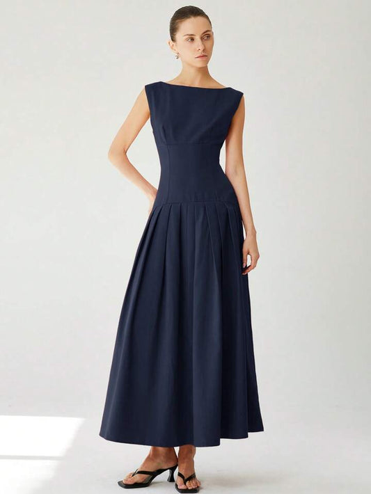 CM-DS247303 Women Elegant Seoul Style Sleeveless Cinched Waist Low Waist Pleated Ruffle Hem Long Dress - Navy Blue