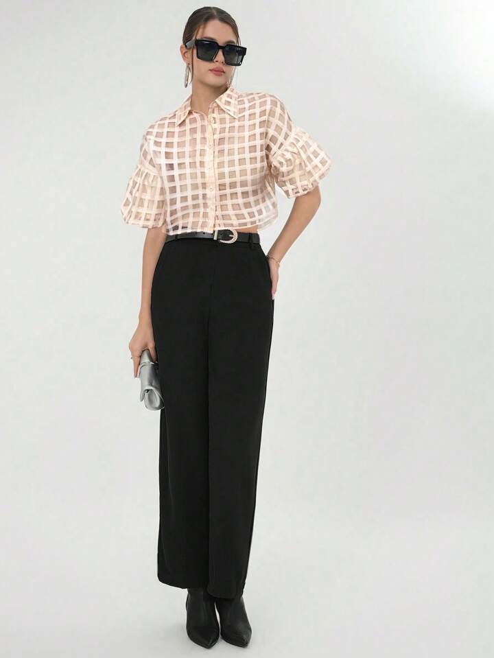 CM-TS615490 Women Casual Seoul Style Plaid Mesh Drop Shoulder Crop Shirt - Apricot