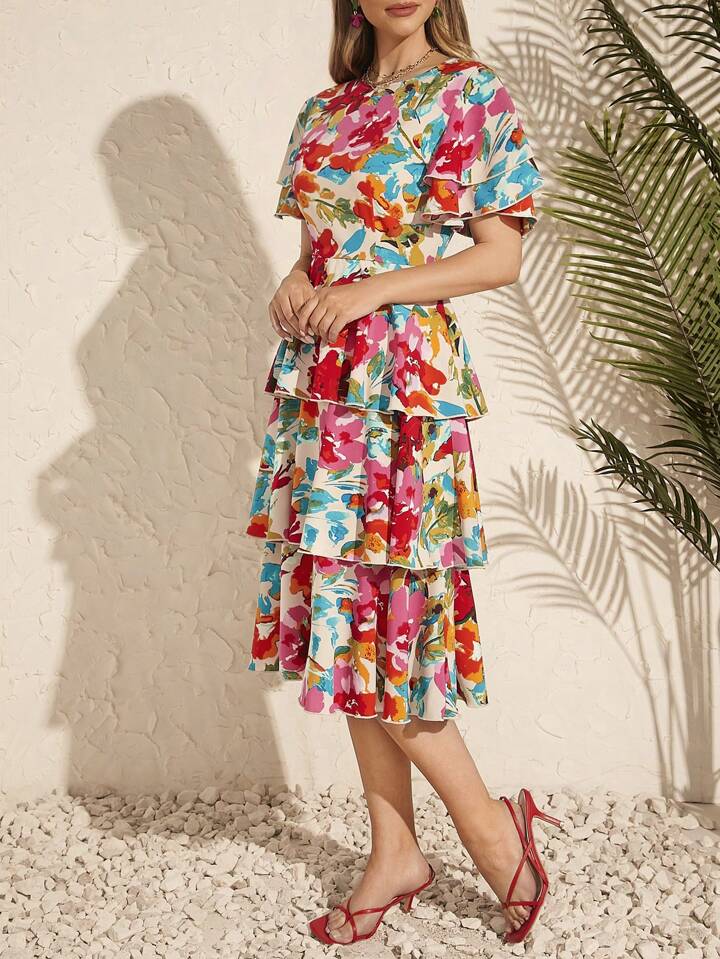 CM-DS181158 Women Trendy Bohemian Style Floral Print Ruffle Hem Tiered A-Line Dress