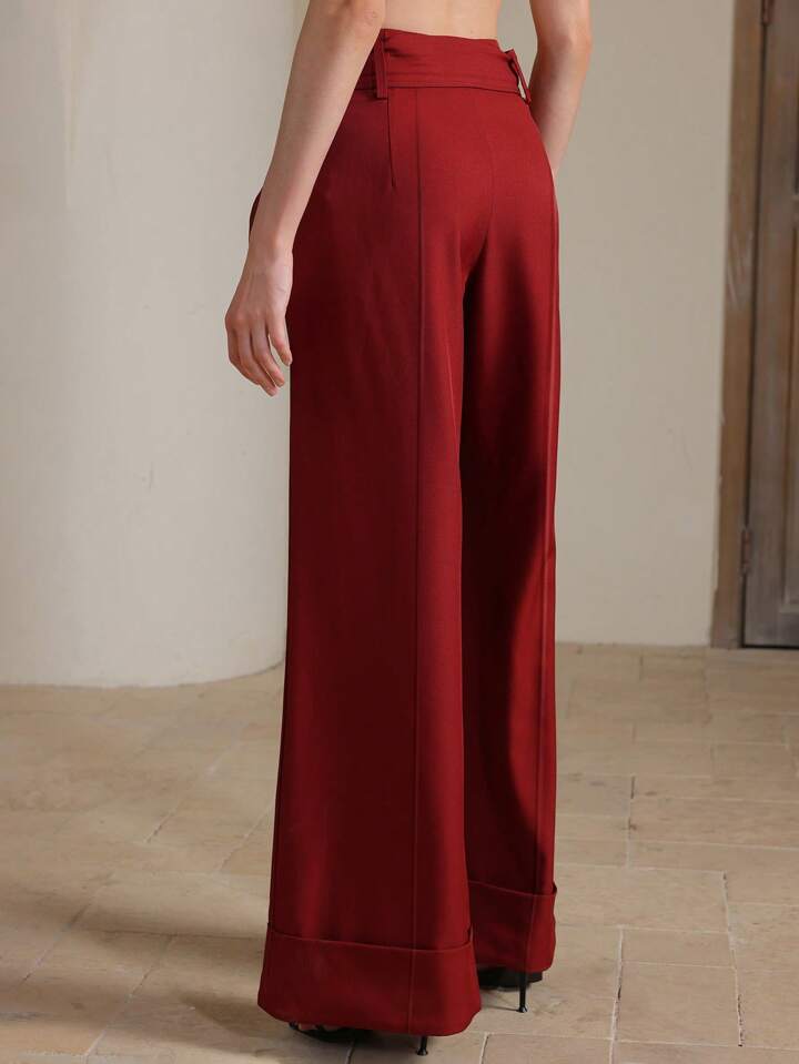 CM-BS645480 Women Elegant Seoul Style High Waist Belted Wide Leg Pants - Burgundy