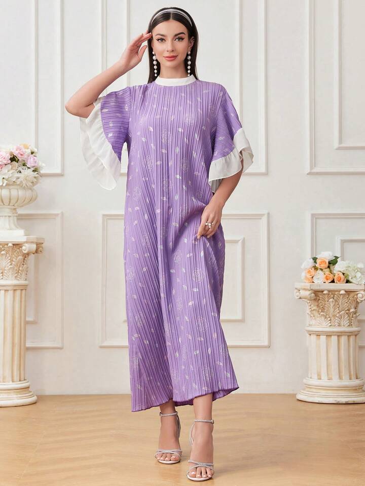 CM-DS265121 Women Trendy Bohemian Style Floral Print Color Block Lotus Leaf Short Sleeve Dress