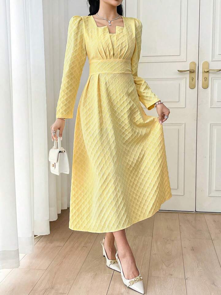 CM-DS227858 Women Elegant Seoul Style Square Neck Puff Sleeve Plaid Jacquard Gathered Dress - Yellow